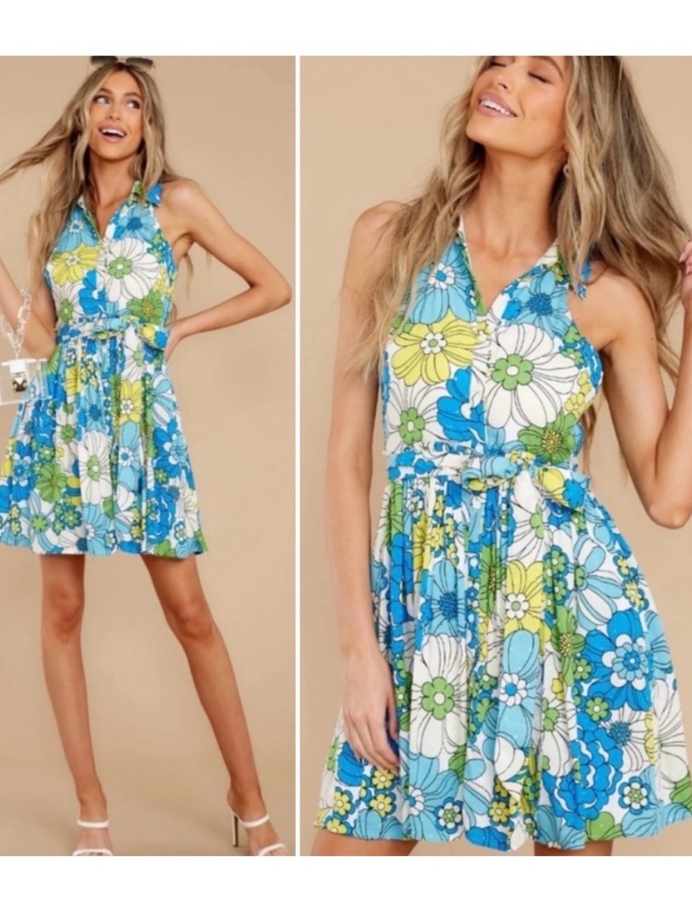 Aura Naturally Joyful Blue Multi Floral Print Mini Dress w/ Pockets - Sz Small
